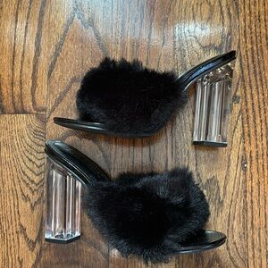 Women’s black fur heels with clear heel